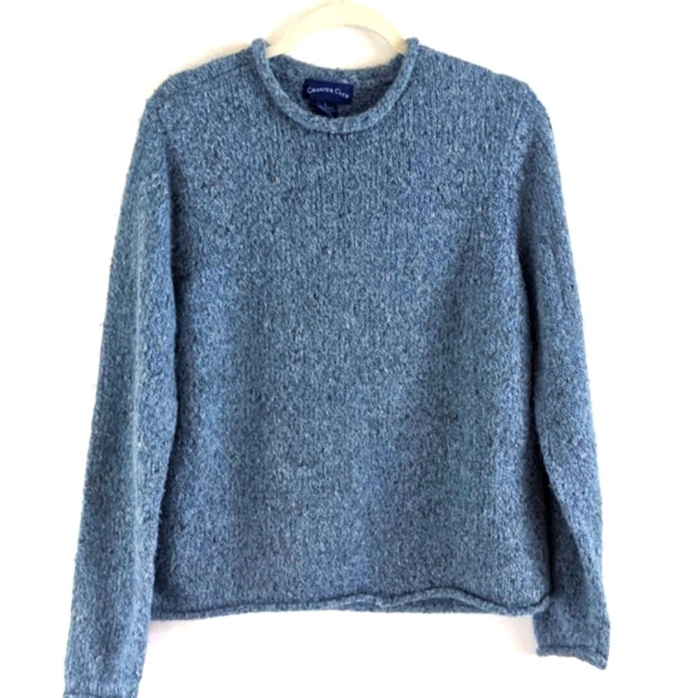 CHARTER Club Blue Wool Blend Boucle Rolled Edge Sweater L